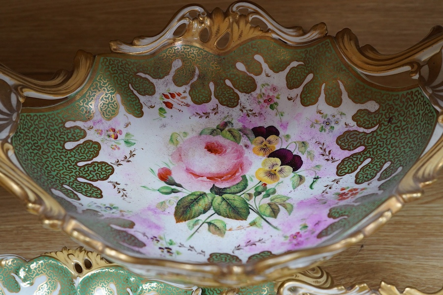 A circa 1835 part dessert set of floral and gilt decorated Rockingham style china, pattern number 6626, centrepiece 34cm wide. Condition - small comport cover cracked badly, some wear to gilding and pattern on plates
